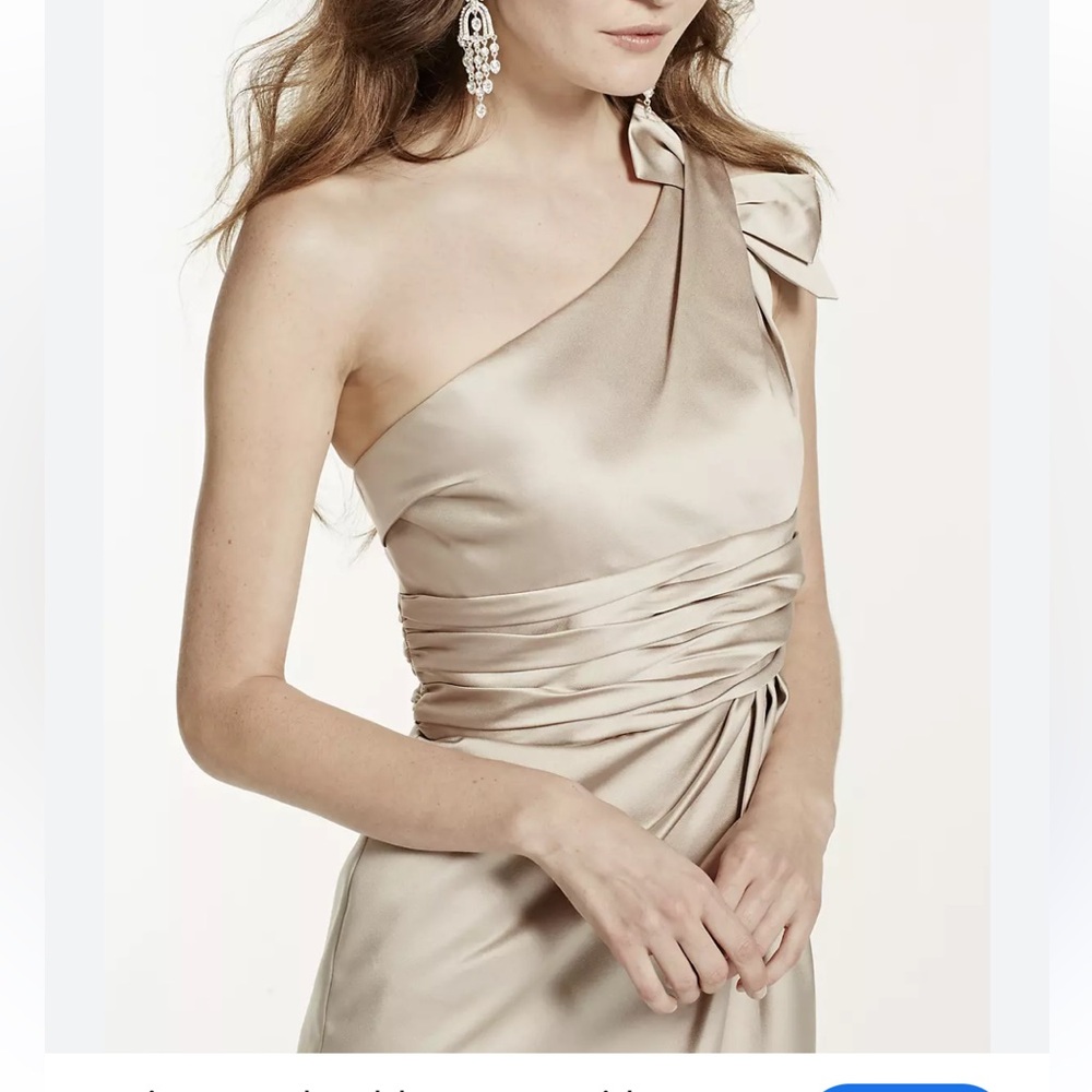 David's Bridal Size 6 Elegant One-Shoulder Bow Champagne Gold Cream Mini Dress